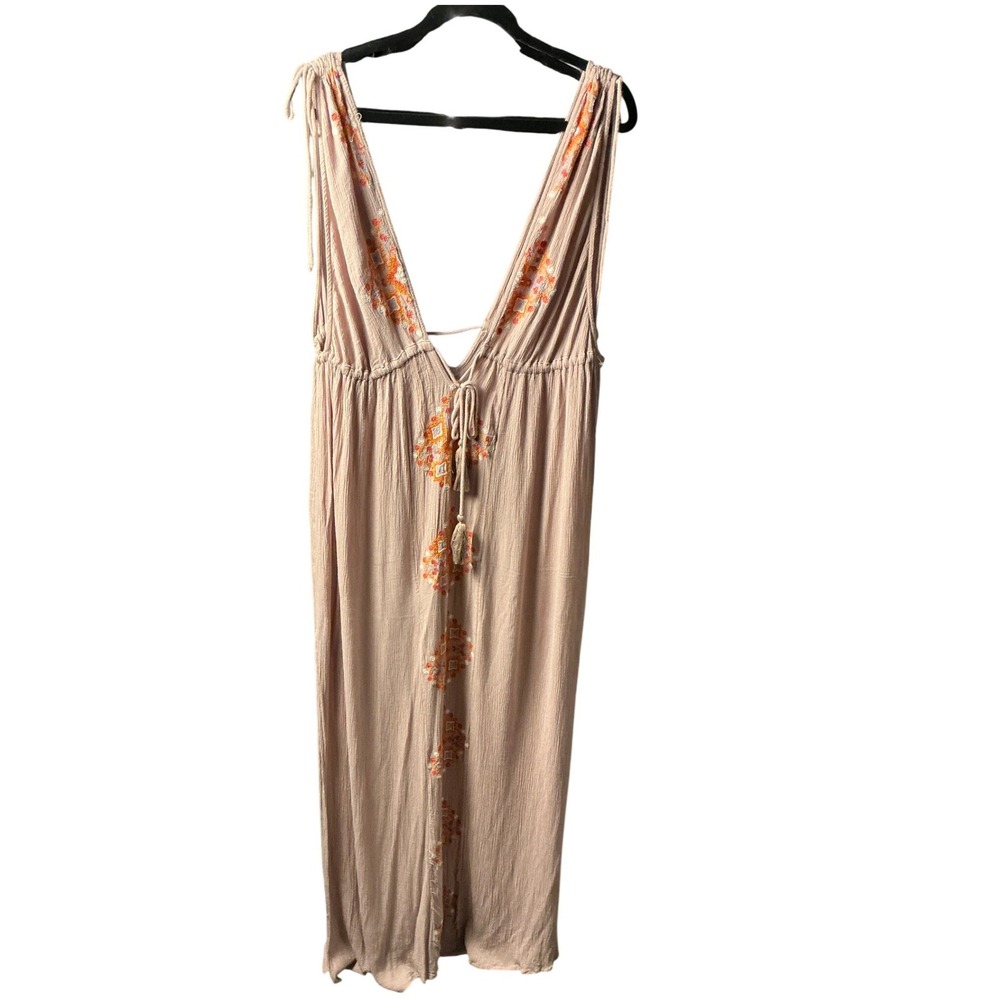 O'Neill Womens XL Boho Embroidered Gauze Maxi Dress Mauve Pink V-Neck Tassels